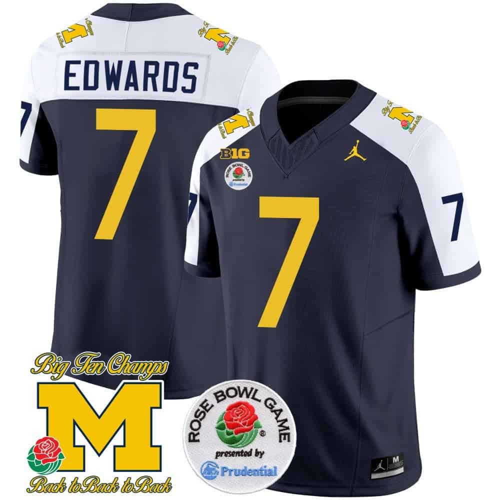Men Michigan Wolverines #7 Edwards Drak Blue 2024 Rose Bowl Patch Vapor Limited NCAA Jersey style 2